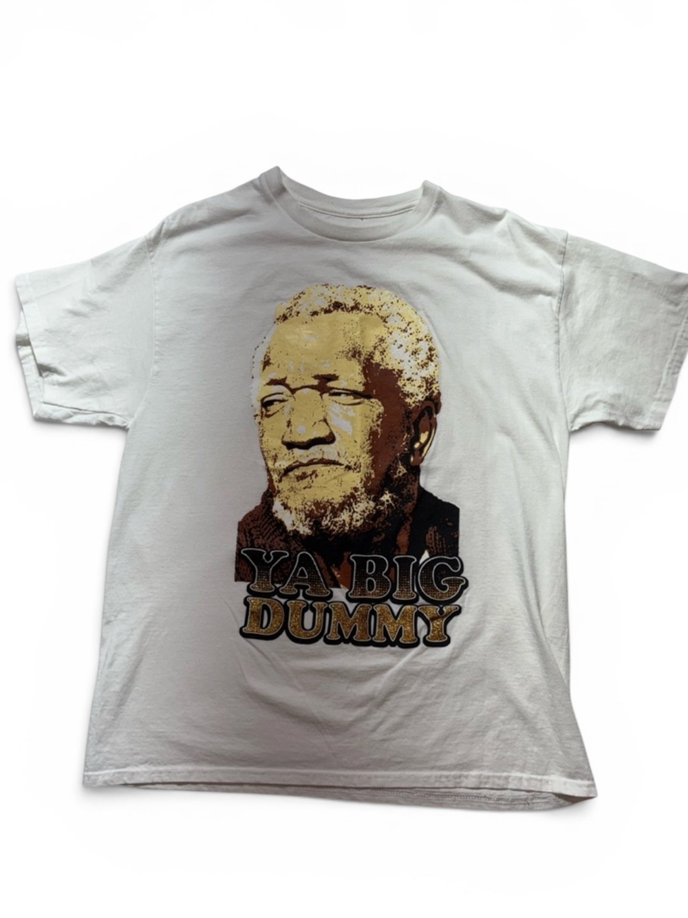 Men's White Short-Sleeve Graphic Tee with Yellow and Brown Portrait